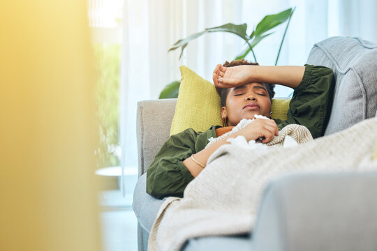 Black Woman, Sick And Tired, Sleep On Couch And Recovery From Illness And Health, Virus And Burnout. Relax On Sofa In Living Room, Healthcare And Wellness With Influenza, Disease And Fatigue At Home