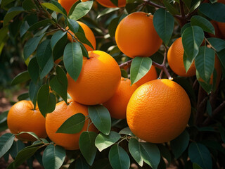 Orange trees with ripe fruits. Bloomy orange garden.