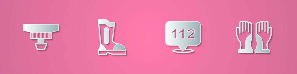 Set paper cut Smoke alarm system, Fire boots, Emergency call and Firefighter gloves icon. Paper art style. Vector