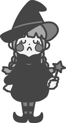悲しんでいるかわいい魔法使いの女の子のモノクロイラスト