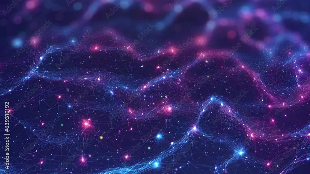 Wall mural cyber or technology background with abstract mesh, sparkling wave particles, and glowing red dots