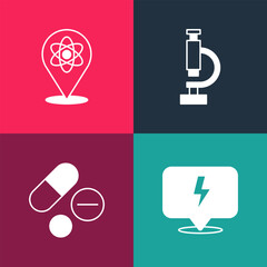 Set pop art Lightning bolt, Medicine pill or tablet, Microscope and Atom icon. Vector