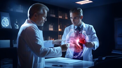Medicine doctors examine patient heart functions on 3D holographic model, futuristic medicine technology concept