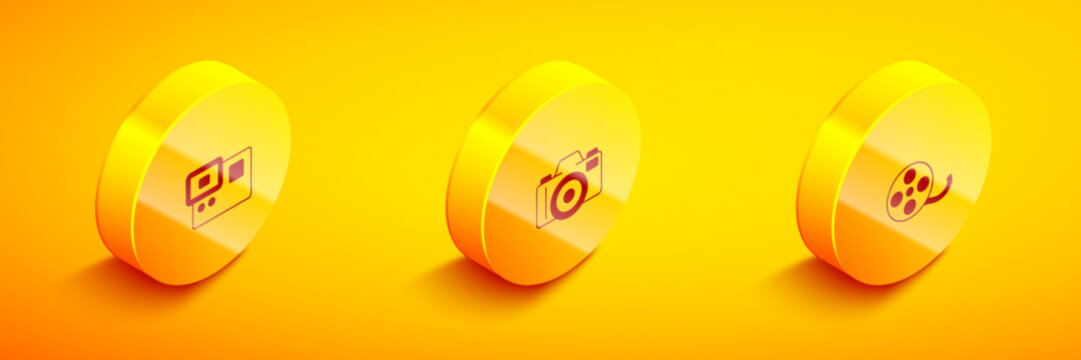 Set Isometric Action extreme camera, Photo and Film reel icon. Vector