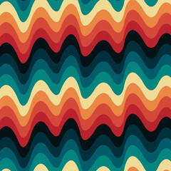 Multicolored retro style waves geometrical pattern illustration with orange, red, beige, blue and turquoise wavy stripes decoration on dark blue background - 639310307