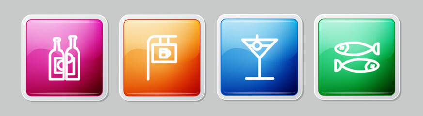 Set line Bottles of wine, Street signboard with Bar, Martini glass and Dried fish. Colorful square button. Vector