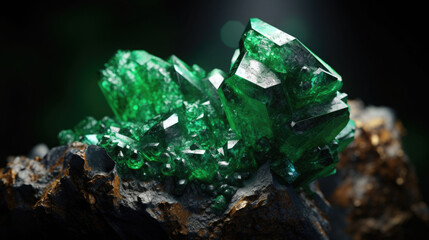 Hyperdetailed crystals of uvarovite. Green uvarovite mineral stone. AI generated