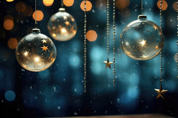 Fototapeta na wymiar Glass christmas decorations hanging from a christmas at night. Bokeh background. Night time, stars, christmas lights. AI generated