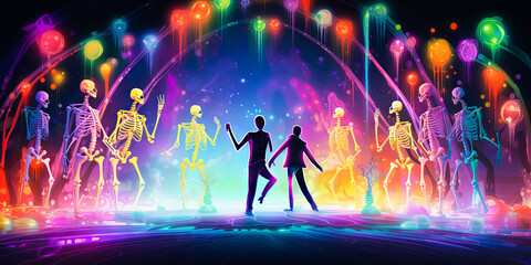 illustration of silhouette two humans which dancing on Halloween disco party with skeletons