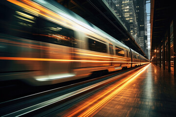 Fototapeta na wymiar High speed train in motion on railway station at sunset. Generative AI