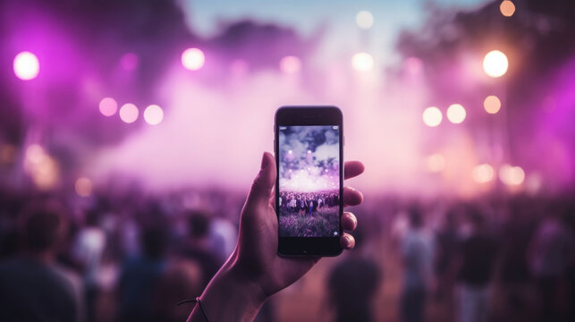 Taking pictures of a concert on the mobile phone. Open air festival. Generative AI