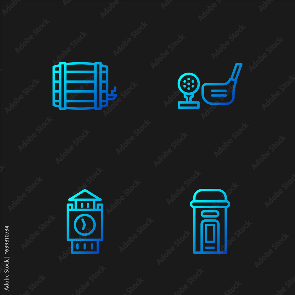 Sticker Set line London phone booth, Big Ben tower, Wooden barrel and Golf club with ball tee. Gradient color icons. Vector