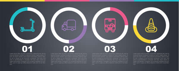 Set line Scooter, Delivery cargo truck, Bus and Traffic cone. Business infographic template. Vector