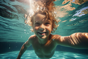 Happy little boy taking selfie in swimming pool - Generative AI