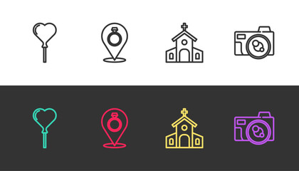 Set line Balloons in form of heart, Wedding rings, Church building and Photo camera on black and white. Vector