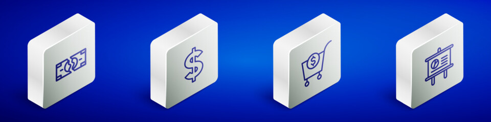 Set Isometric line Tearing money banknote, Dollar symbol, Shopping cart and dollar and Chalkboard with diagram icon. Vector