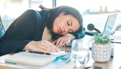 Tired, work and a woman at a desk for sleeping, corporate or working burnout in an office. Narcolepsy, table and a female business employee with a nap, rest or fatigue from company stress or job - obrazy, fototapety, plakaty