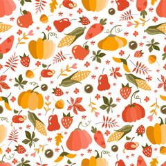 Harvest patern vector flat. Seamless pattern of colorful pumpkins, fruits, vegetables. Thanksgiving and Halloween Elements