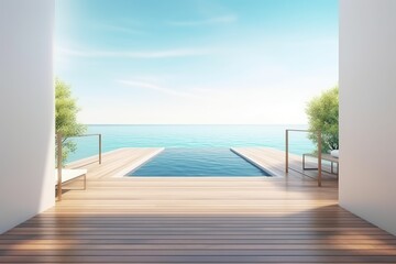 Floor deck walkway. Luxury beach house with swimming pool