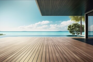 Floor deck walkway. Luxury beach house with swimming pool - obrazy, fototapety, plakaty