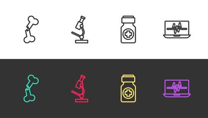 Set line Human broken bone, Microscope, Medicine bottle and pills and Laptop with cardiogram on black and white. Vector