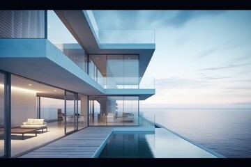 Front view of modern architecture with sea view background