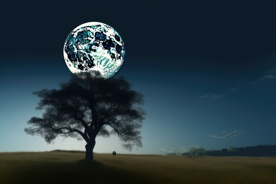 Full moon with silhouette tree and meadow. Panorama view.
