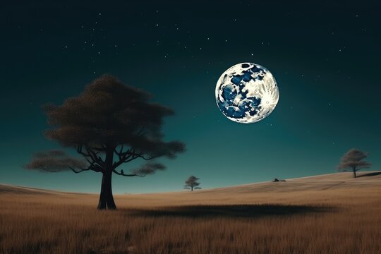 Full moon with silhouette tree and meadow. Panorama view.