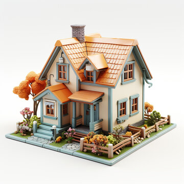 3D image of a little house isolated on white background. The design is based on the design of village houses in the western world.
