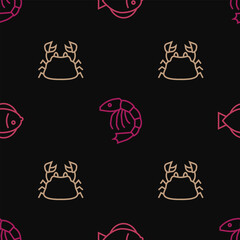 Set line Fish, Crab and Shrimp on seamless pattern. Vector