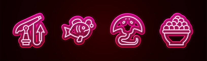 Set line Fishing harpoon, Tropical fish, Stingray and Caviar. Glowing neon icon. Vector