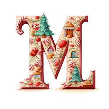 Christmas letter M design on a white background. English alphabet. Seasonal typography design.