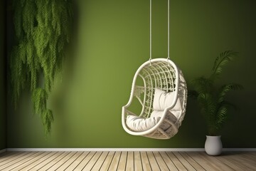 Green wall with hanging chairplantwicker pot and rug.