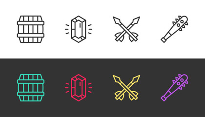 Set line Wooden barrel, Gem stone, Medieval arrows and Mace with spikes on black and white. Vector