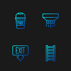 Set line Fire escape, exit, bucket and sprinkler system. Gradient color icons. Vector