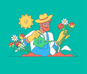 Young man watering plants in the garden. Gardening or horticulture concept. Flat vector illustration.