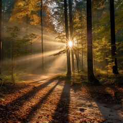 Forest with light rays shining