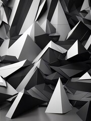 This modern and futuristic artwork features geometric shapes, including sharp lines and triangles, creating a striking 3D effect. 