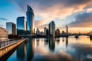 Panoramic view of a city space with a beautiful river on the front and skyscrapers in the background