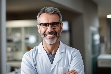 Portrait of a smiling mature male doctor holding a cup of coffee - Powered by Adobe