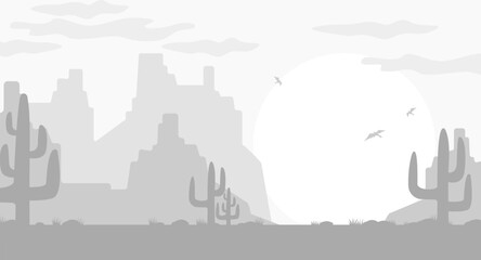 Wild Western Texas desert landscape sunset with mountains and cactus in flat cartoon style.