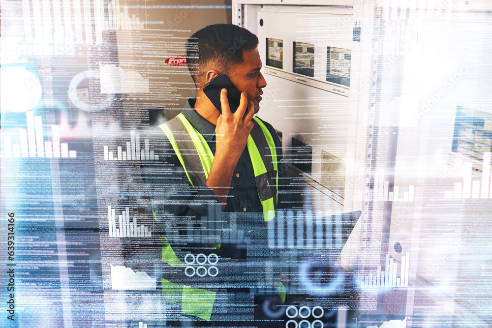 Aufkleber Electrician, engineering and phone call with technology hologram in a control room for maintenance. Engineer man with smartphone for communication, problem solving and digital future or 3d inspection
