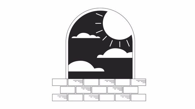 Esoteric window frame with midnight sun bw outline 2D concept animation. Brick stairs under arch monochrome linear cartoon 4K video. Nighttime sun spinning animated object isolated on white background