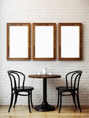Mockup blank frame isolated on decent restaurant background, with dining table and chairs, bright window lights.