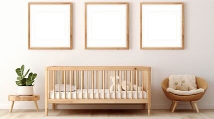 Mock Up empty Wall with wooden frame In farmhouse Interior Background in baby room with poster frame, nursery mockup, Scandinavian Style - obrazy, fototapety, plakaty