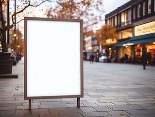 Vertical blank white billboard on city street. In the background buildings and road. Mock up. Poster on street next to roadway. Sunny summer day.