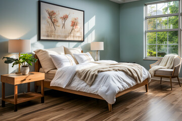 Fototapeta na wymiar A serene bedroom environment with soft lighting, comfortable bedding, and calming decor