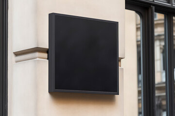 singboard mockup and template blank advertising or light box with copy space for your text message or media and content, signage in dark frame with city wall background display. Generative Ai