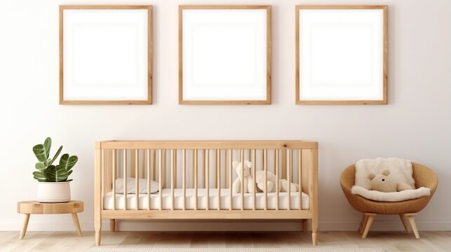 Mock Up Empty Wall With Wooden Frame In Farmhouse Interior Background In Baby Room With Poster Frame, Nursery Mockup, Scandinavian Style