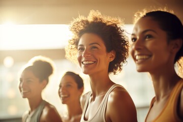 Portrait of smiling women sitting in a fitness class with light streaming in from the window, healthy lifestyle diversity concept.